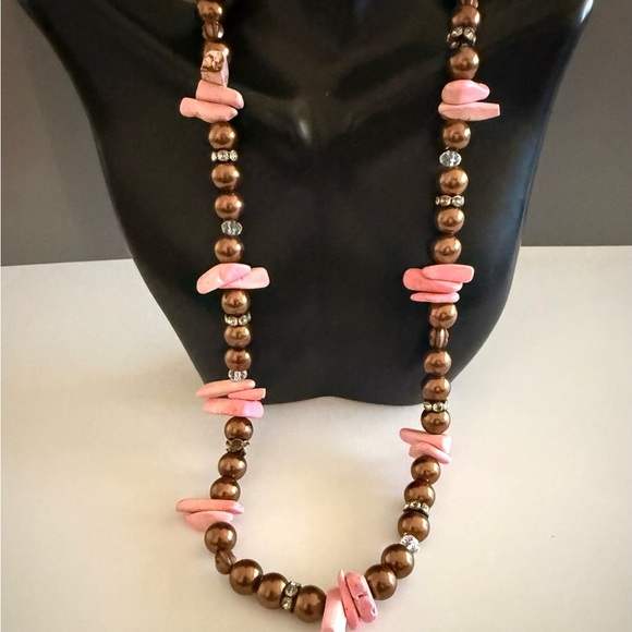 Pink Natural Gemstone Chocolate Colored Faux Pearl Necklace - Picture 3 of 7